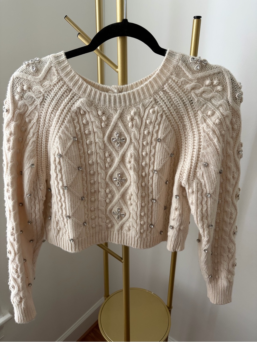 ba&sh Cable Knit Embellished Cropped Sweater - Cream